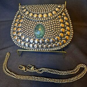 Silver Boho Studded Crossbody Purse Clutch Handba Gemstone Festive Morocco NWOT